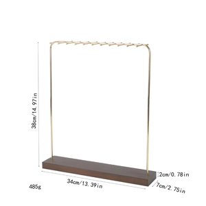 Golden metal necklace display stand with walnut wood base and 13 hooks 34x38cm