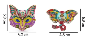 Detailed size view of retro enamel animal brooches with dimensions for cat and elephant designs