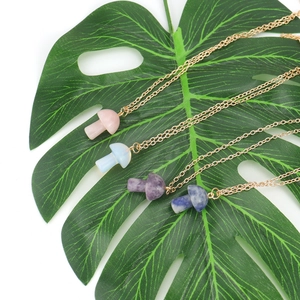 Natural 2cm crystal mushroom pendant necklaces in rose quartz and amethyst with gold chain