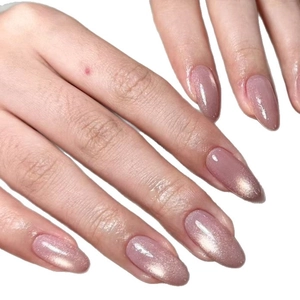 Elegant mauve cat eye almond press-on nails with 3D magnetic shimmer finish