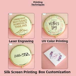 Close-up of portable metal folding mirrors with custom laser and UV printing finishes