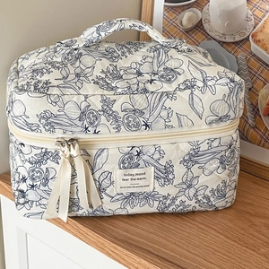 Quilted floral makeup bag with ink vegetable pattern and top handle for travel storage