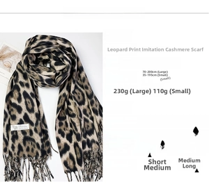 Detailed view of leopard print faux cashmere scarf textures with tassel fringes and size guide
