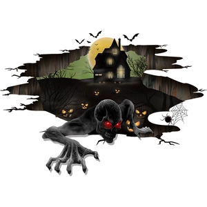 3D Halloween wall sticker featuring monster in broken wall with haunted house and moon