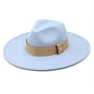 Light blue wide brim wool fedora hat with gold ribbon and bee metal charm accent