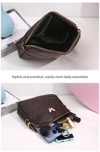 Interior detail of a brown quilted crossbody bag showing compartments and daily storage capacity
