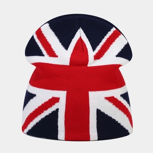 Winter Union Jack knitted beanie featuring a classic British flag pattern and warm texture