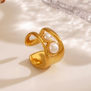 Vintage style gold-plated stainless steel open ring with dual-layer design and pearl inlay