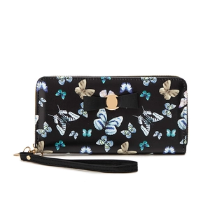 Elegant black long zipper wallet with colorful butterfly print and a decorative bow
