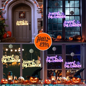 LED Happy Halloween hanging light with spider web design in warm white and purple glow