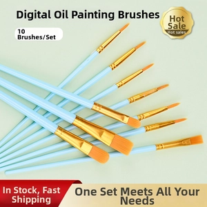 Close-up of 10-piece nylon paint brush set with sky blue handles and assorted tips