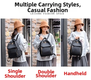 Three-way carry black nylon backpack shown in shoulder, back, and hand-held styles