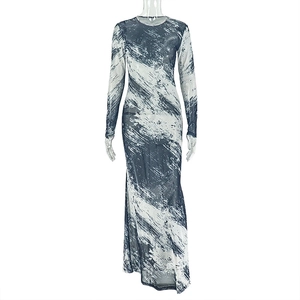 Detail of blue and white marble print on sheer mesh long sleeve bodycon dress