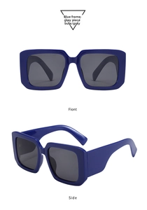 Detailed front and side views of Y2K blue oversized square frame sunglasses with gray lenses
