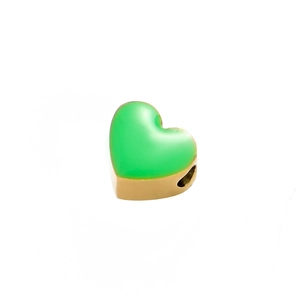 Detail of light green enamel heart charm with polished gold-plated metal base edges