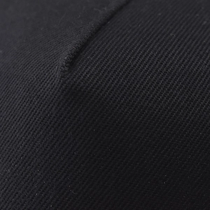 Close-up of black polyester baseball cap showing durable twill fabric and premium stitching