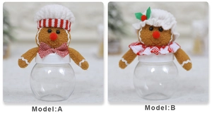 Close-up of Model A and B gingerbread man Christmas candy jars with plush caps