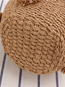 Handmade woven paper rope bucket bag with pearl flower accents for beach vacations