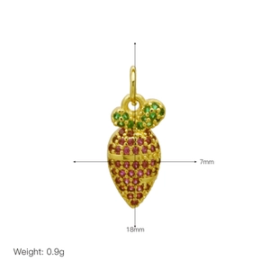 Detail view of a 18mm gold strawberry pendant with red cubic zirconia and dimensions
