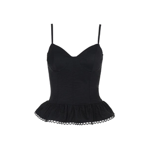 Sexy black peplum camisole top with thin straps and ruffled hem for summer fashion