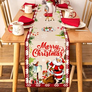 Christmas table runner with Santa Claus, reindeer and snowflakes on a wooden table decoration