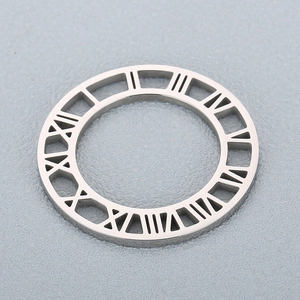 Polished silver stainless steel openwork pendant featuring engraved Roman numerals