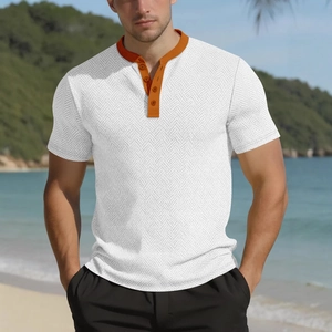 T-shirt Henley ajusté pour hommes avec col orange et texture en maille à chevrons