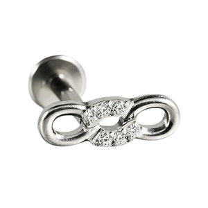 Piercing labret en titane G23 avec symbole infini et zircons sur fond blanc épuré