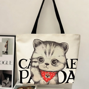 Sac fourre-tout en toile crème à la mode avec illustration de chat et anses noires