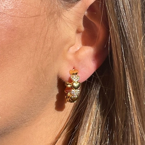 S925 silver needle heart hoop earrings in gold with white cubic zirconia accents