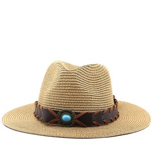 Straw Fedora Sun Hat Wide Brim Summer Beach Hat With Faux Leather Turquoise Band Bohemian Western Cowboy Style Women Men