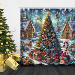 Christmas fairy tale shower curtain featuring gingerbread houses and unicorns in a cozy room