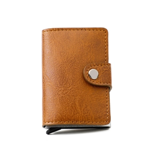 Slim RFID blocking brown leather card holder with aluminum pop-up case for men