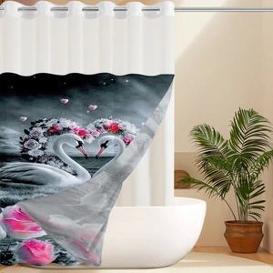 Detail of the metal grommets and the romantic white swan heart print on shower curtain