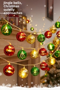 Close-up view of festive Christmas ball string lights with Merry Christmas text and patterns