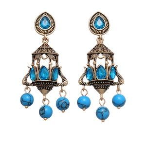 Bohemian style drop earrings with blue crystals and marble pattern beads in gold finish