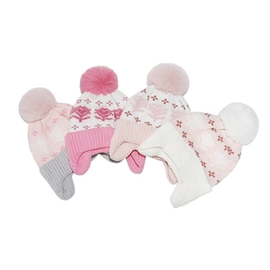 Winter knit earflap hats with pom-poms and floral jacquard patterns for young girls