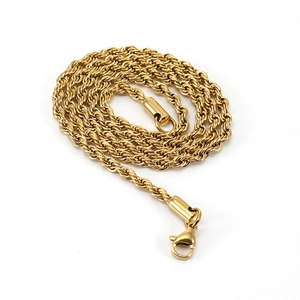 Elegantly coiled gold twisted rope chain necklace with lobster clasp on white background