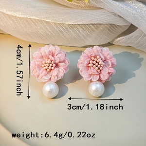 Macro shot of pink lace flower earrings with pearls and detailed size dimensions