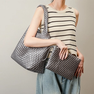 Silver hand-woven PU leather tote bag set including a large shopper and small pouch