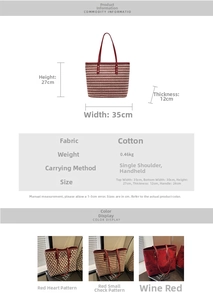Detailed size chart for red houndstooth tote bag showing dimensions and fabric specs