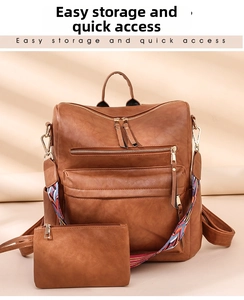 Detail of dark brown faux leather backpack set with colorful ethnic style woven shoulder strap