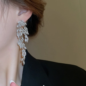 Detail of silver feather earrings with sparkling rhinestone tassels worn by a model