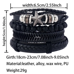 Detailed size chart for a 4-piece men's leather and alloy star beaded bracelet set