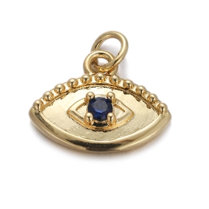 Detailed view of gold evil eye pendant with blue central stone and micro-pave zircon detailing