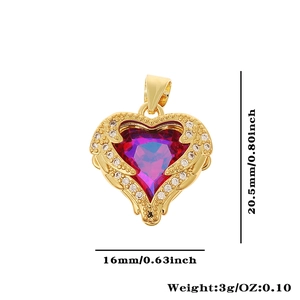 Detailed dimensions of gold heart pendant with purple gemstone and clear zircons