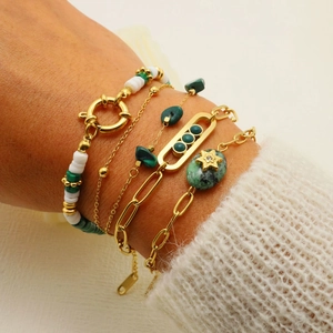 Bohemian Stainless Steel Bracelet Set For Women Gold Plated Malachite Texture Stone Star Charm Rhinestone Stackable Jewelry