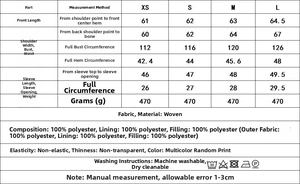 Detailed size guide and garment dimensions for vintage floral print cotton jacket