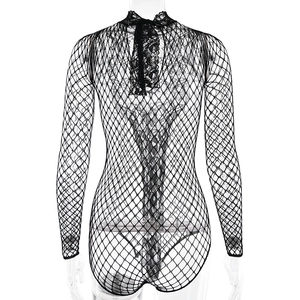 Detail of the sexy black fishnet bodysuit with long sleeves and elegant lace neckline