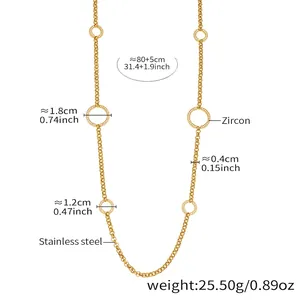 Detaillierte Maße der goldenen Edelstahlkette mit Zirkonia-Ringen und langer Kette